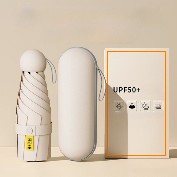 Travel Passions - Beige Mini Pocket Umbrella with Case - Picture 3 of 5